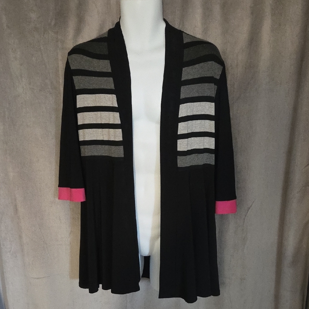 Joseph Ribkoff Size 12 Striped Cardigan with Pink Accents